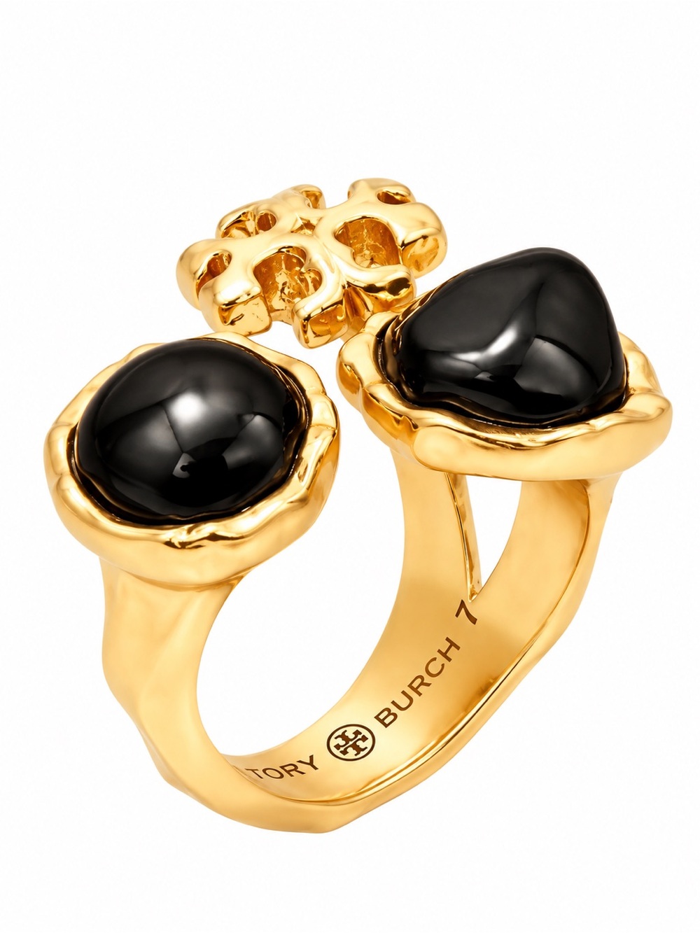 TORY BURCH • Black Roxanne Stone Logo Ring Adjustable